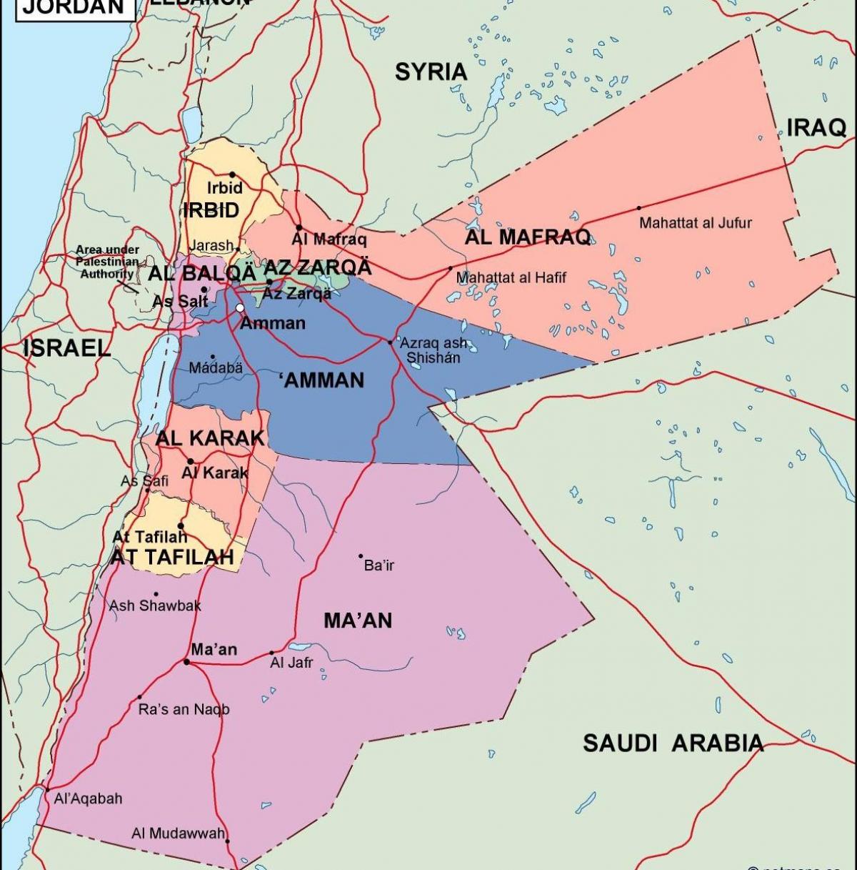 карта на Йордания политически